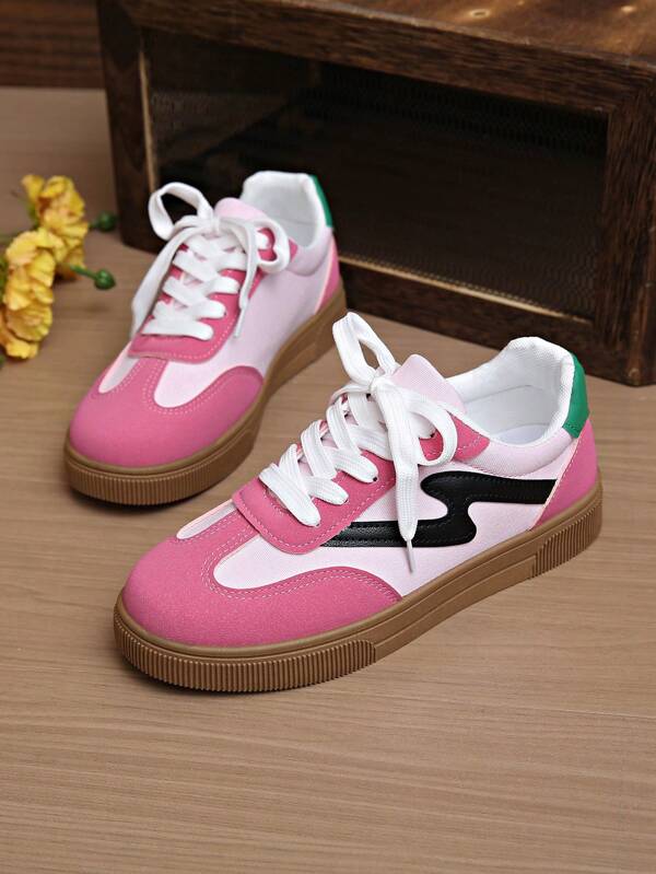 Women's Round Toe Lace-Up Classic Pink Chunky Sole Casual Sneakers, 2025 New Arrivals Campus Style Sporty Cute Pink Trainers, Fashionable & Versatile Anti-Slip Student Skate Shoes For Gym, Outdoor