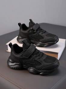 1 Pair Kids Black Mesh Breathable Running Shoes, Boys Girls Sports Shoes With Hook And Loop Fastener