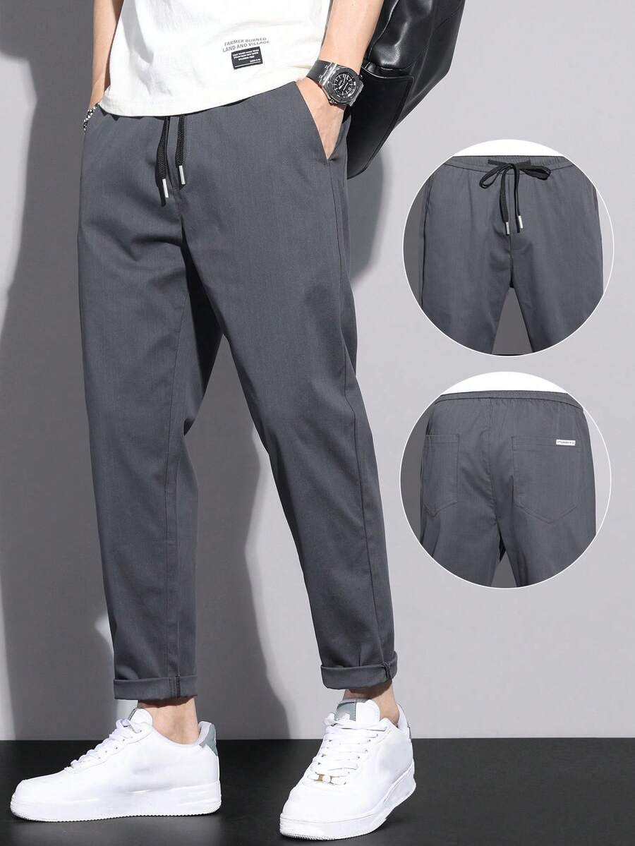 Men's Solid Color Drawstring Waist Casual Tapered Cropped Pants - Dark Grey - View 1