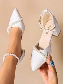 أحذية كعب عالي بيضاء للنساء، كعب سميك مزين بفيونكة...