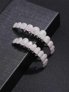 2件套欧美嘻哈风立方氧化锆朋克牙套，上排10颗牙和下排10颗牙一套，适合万圣节和派对佩戴 - 彩色 - 查看 3