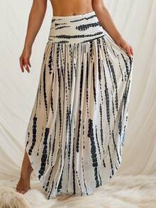 Flared Waist Pleated Casual Vacation Bohemian Style Maxi Skirt, Suitable For Beach - Multicolor - View 1