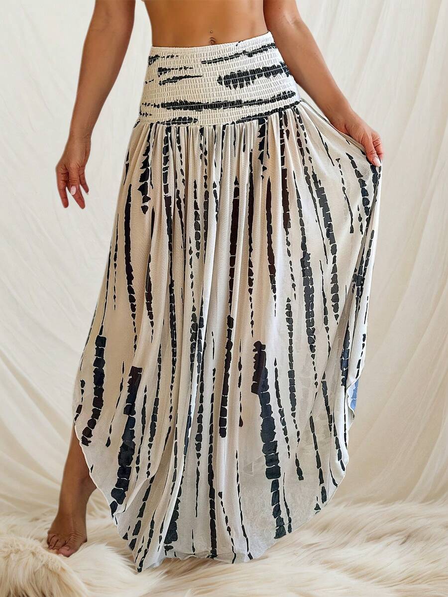 Flared Waist Pleated Casual Vacation Bohemian Style Maxi Skirt, Suitable For Beach - Multicolor - View 1