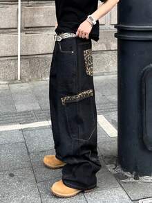 1 chiếc quần jeans ống rộng dáng suông thời trang họa tiết da báo dành cho nam, phong cách đường phố (không bao gồm thắt lưng và phụ kiện) - màu đen - Xem 6
