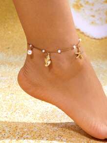 1pc Elegant Minimalist Faux Pearl Shell & Starfish Pendant Anklet, Suitable For Men And Women, Beautiful Holiday Gift
