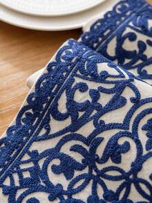 1 pieza Camino de mesa rústico bordado con flecos, de doble capa - Perfecto para decoración de comedor, decoración de otoño, decoración de sala - Azul Marino - Ver 5