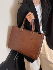 Bolso de mano de gran capacidad con textura de cocodrilo a la moda, adecuado para uso diario, de negocios, viaje, vacaciones, exteriores, hogar, dormitorio, compras para cualquier género y estudiantes - Café integral - Ver 2