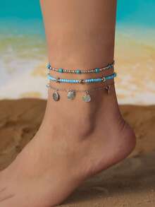 3pcs/Set White Pearl-Beaded Tassel, Starfish & Shell Pendant Anklet, Multilayer Foot Jewelry Suitable For Daily Wear And Beach Vacation - Multicolor - View 4