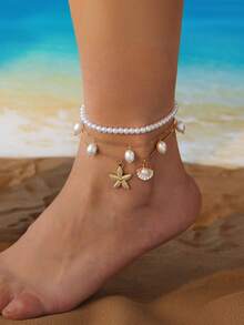 3pcs/Set White Pearl-Beaded Tassel, Starfish & Shell Pendant Anklet, Multilayer Foot Jewelry Suitable For Daily Wear And Beach Vacation - Multicolor - View 11
