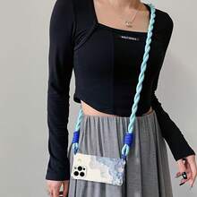 Funda para teléfono con cuerda, 1 pieza, flor de pintura al óleo azul, adecuada para 16/15/14/13/12, funda para teléfono S, protección con cuerda para colgar en las cuatro esquinas, regale a su favorito - Blanco marfil - Ver 3