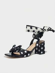 Sandale cu toc înalt pentru femei, potrivite pentru petreceri, activități în aer liber, călătorii, vacanțe la modă, toc gros, vârf pătrat, eșarfă cu buline, fundă, textură de piatră strălucitoare, culoare uni, sandale negre elegante de înaltă calitate - Negru - Vizualizare 7