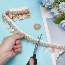 1.45 Inch (Approx. 3.7 Cm) Wide Shell Tassel Lace Trim, Woven Lace Trim, Craft Ribbon For Sewing Fabric Decoration, Bohemian Lace Edging, Clothing, Curtain, Dress Decor - Shell - View 3