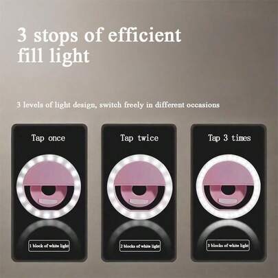 1 đèn vòng selfie sạc USB, 3 chế độ sáng, phụ kiện du lịch, kèm cáp sạc USB, thích hợp làm đèn phụ trợ selfie, tăng cường ảnh selfie trong điều kiện thiếu sáng, đèn chiếu sáng phụ trợ di động, phát trực tiếp.