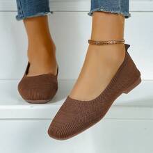 Women'S Black Woven Fabric Slip-On Flats - Casual Square Toe Shoes For Indoor & Outdoor Wear, All-Season Comfort With Rubber Sole, Breathable & Stylish Design - 藕色 - 查看 2