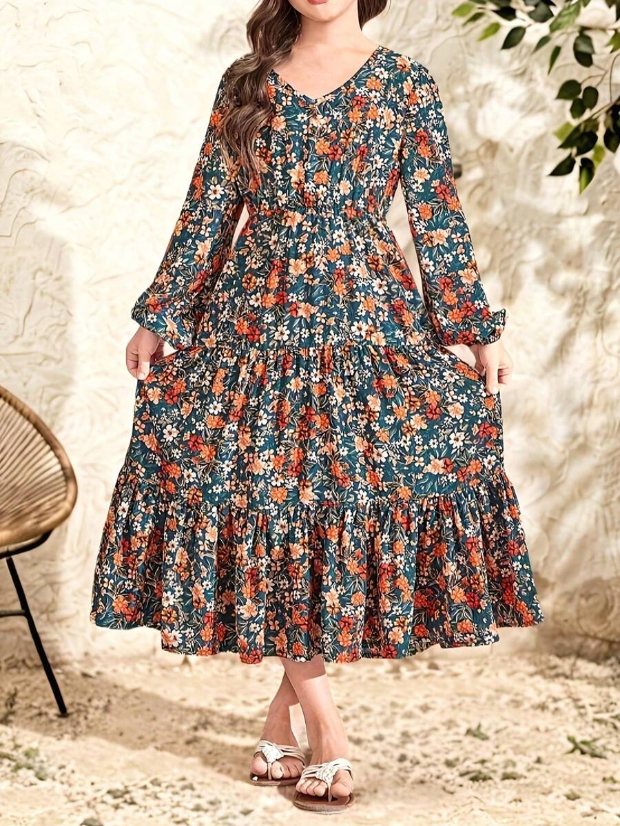 Damen Maxikleid mit V-Ausschnitt und Blumenmuster, Langarm, elegant grün mit lebendigem Blume Muster, Rüschensaum, tailliertes Design, geeignet für Frühling & Herbst, modisch für den Frühling - Verschiedenfarbig - Übersicht 1