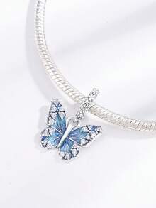1pc Fashionable Crystal Blue Butterfly Zirconia Pendant Charm Bead, Great DIY Jewelry Gift - Silver - View 2
