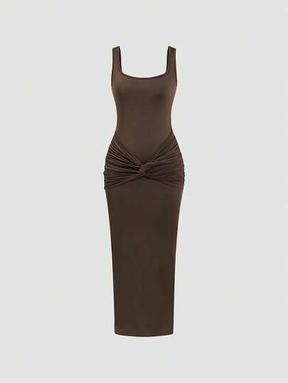 Women's Spring/Summer New Sexy Ruched Twist Waist Backless Bodycon Split Maxi Dress, Elegant Party Cocktail Dress, Knit Fabric Waist Gathering/Ruched Backless Dress For Evening Date Birthday Party Stage Performance Concert Single's Party Formal Gala Garden Festival