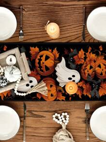 1 pieza/10 piezas Camino de mesa con estampado de calabazas y fantasmas, Banderas de mesa de Halloween, Decoración estacional de cosecha de otoño, Estilo granja, Tela con aspecto de lino, 33*91cm/33*183cm/33*274cm, Decoración de fiesta interior/exterior, Decoración con tema de calabaza, Decoración de habitación. Adecuado para la decoración de la cocina del hogar y la decoración de eventos.