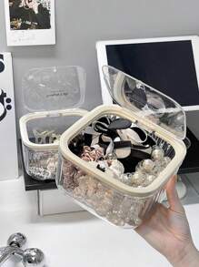 2pcs/1pc Elegant Hair Accessory Jar, Creative Lid Storage Box, Hair Clips, Hair Ties, Hair Bands, Hair Hoops Organizer Box, Multi-Function Makeup Powder, Makeup Sponge, Makeup Brush Tool Storage Box, Vanity And Bathroom Waterproof Dustproof Storage Box, Made Of High Transparency PET Material, Suitable For Dorm, Hotel, Bedroom