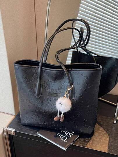 大容量女士时尚百搭单肩包，新款手提帆布手提包，首选设计，非常适合上学、通勤和购物（无吊坠）