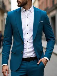 男士时尚新款商务纯色修身弹力三件套西装套装，包括西装外套、双排扣背心和工作正装长裤 - 水鴨藍 - 查看 2