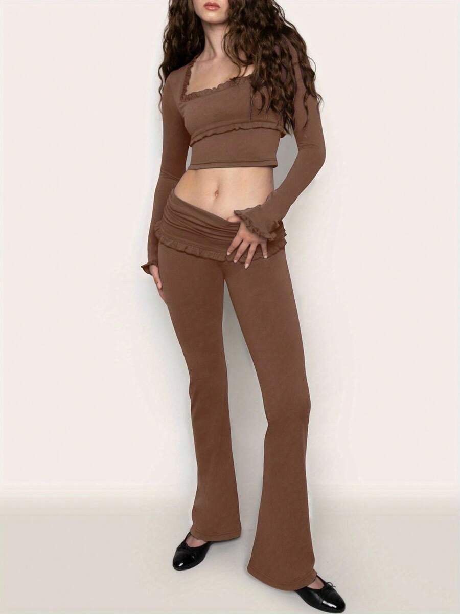 Women's Yoga Flare Pants, Solid Color Ruffled Low Waist Fitness Bootcut Leggings Workout Skinny Trousers - Màu nâu - Xem 1