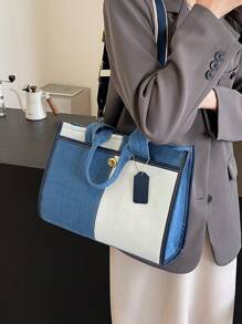 休闲优雅拼色帆布宽肩带女士托特包，大容量时尚手提包，休闲百搭手提包，适合女性或学生的文艺书包和书包，非常适合书籍、购物、返校等 - 彩色 - 查看 6