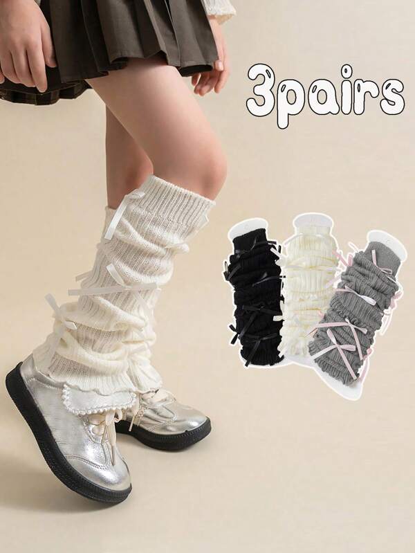3 Pairs Girls Cute Bow Decor Leg Warmer Leg Warmers, Girls Calf High Stockings