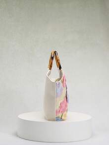 SCULPTEDSTYLE BAGS 1 件美人鱼亮片拼布网眼刺绣提花彩色花卉图案优雅亚麻手提包，闪亮复古竹柄夏季海滩旅行休闲手提包女士（花卉图案随机发送） - 彩色 - 查看 5