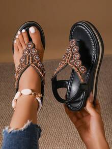 女式夏季罗马风格波西米亚复古简约休闲一脚蹬坡跟人字凉鞋，户外