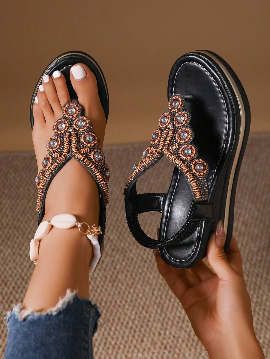 女式夏季罗马风格波西米亚复古简约休闲一脚蹬坡跟人字凉鞋，户外