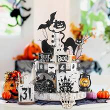 12 件套木制万圣节分层托盘装饰套装、幽灵城堡木制标牌、布布黑猫讨糖托盘装饰、桌面标牌、室内家居桌面装饰