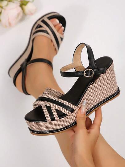 Plus Size Women's Cross Strap Open Toe Wedge Sandals With Rope Trim And Platform