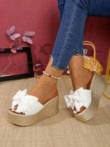 Zapatos de mujer elegantes con moño, sandalias de plataforma impermeables para verano, chanclas con cuña de suela gruesa adecuadas para fiestas y vacaciones, mules de tacón alto, sandalias de cuña de verano ligeras y de suela gruesa, de punta abierta y talón, talla grande, sandalias de cuña dulces y lindas, versátiles sandalias de cuña blancas - Blanco - Ver 3