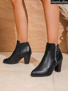 PWIIMG Women's Fashionable Black High Heel Ankle Boots, Double Zipper Design, Lace Trim Solid Color High Heels, Motorcycle Boots In Retro British Style, Chunky Heel Comfortable Material Ankle Boots, Autumn/Winter Cool High Heel Boots, Lace Trim, Cone Heel Boots, Black Boots,Boots For Women - Black - View 9
