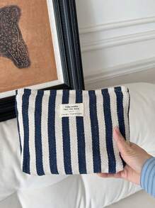 1 bolsa de maquillaje vertical de rayas frescas, bolsa de maquillaje minimalista de gran capacidad para llevar en la mano, bolsa de lona con cremallera y letras, bolsa de almacenamiento de maquillaje portátil, adecuada para viajes y uso diario