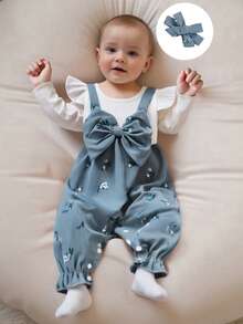 Cute Baby Girls Long Sleeve Romper Featuring Floral Print – Fake Two Pieces Patchwork Bow Jumpsuits  Adorable Headband Set – A Must-Have For Every Wardrobe