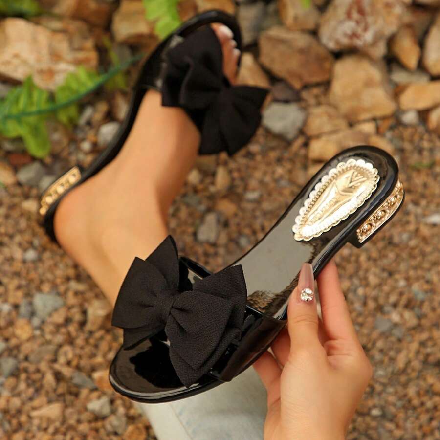 女士圆头凉鞋，新款粗跟蝴蝶结拖鞋，时尚罗马风格加大码平底珍珠装饰拖鞋和高跟凉鞋 - 黑色蝴蝶結 - 查看 1