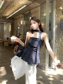IUNQ [Free Shipping] Korean Style Summer Sleeveless Tube Taupe Check Pattern Short Camisole Tank Top + Halter Neck Two-Piece Set Stylish Y2k Gal Style Top - Màu xanh hải quân - Xem 2