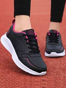 1 Pair Women's Waterproof Sports Shoes, Leather-Like Black, Lightweight Casual Running Traveling Shoes, Summer 2024 New Arrivals, Genuine Product, Simple Solid Color, Comfortable Breathable Running Shoes, Also Available In White Lace-Up Casual Non-Slip Road Running Shoes - Black - View 4