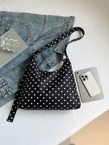 Dot Simple Canvas Bag, Spring And Summer Season New, Open Mouth Opening, Double Shoulder Straps, Lightweight Minimalist Large-Capacity Cross-Body Bag, Suitable For Women's Daily Life Casual, Commuting And Student Use , Polka Dot - Black - View 4