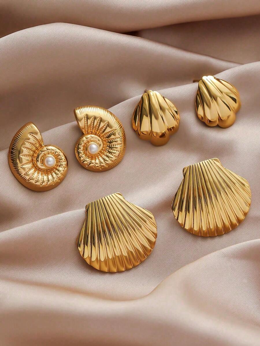 1 对热带岛屿度假风格时尚简约奢华别致复古不锈钢 18K 镀金贝壳耳环，适合女性日常佩戴、工作、旅行、约会、派对、节日礼物 - 金色 - 查看 1