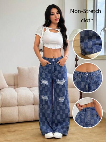 女士春季休闲无弹力破洞直筒牛仔裤，格子图案