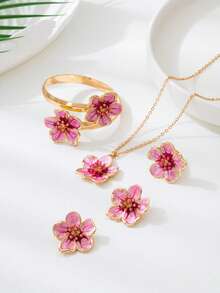 1 套可爱渐变扎染粉色 5 瓣花耳钉、1 枚戒指、1 条项链、1 条手链女士首饰套装，适合日常佩戴、约会、度假、送给女友的礼物 - 粉色 - 查看 5