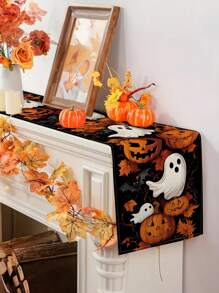 1 pieza/10 piezas Camino de mesa con estampado de calabazas y fantasmas, Banderas de mesa de Halloween, Decoración estacional de cosecha de otoño, Estilo granja, Tela con aspecto de lino, 33*91cm/33*183cm/33*274cm, Decoración de fiesta interior/exterior, Decoración con tema de calabaza, Decoración de habitación. Adecuado para la decoración de la cocina del hogar y la decoración de eventos.