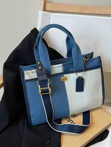 休闲优雅拼色帆布宽肩带女士托特包，大容量时尚手提包，休闲百搭手提包，适合女性或学生的文艺书包和书包，非常适合书籍、购物、返校等 - 彩色 - 查看 4