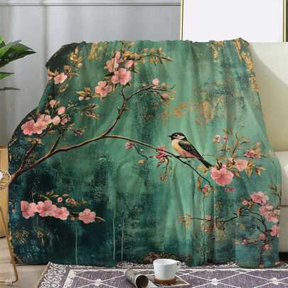 1pc Vintage Floral Cherry Blossom & Bird Print Flannel Blanket - Soft Warm All-Season Throw For Sofa Bed Car Camping Office - Cozy Home Decor Gift