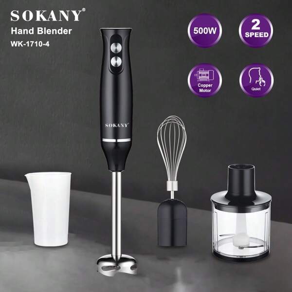 SOKANY Mezclador eléctrico SOKANY 4 EN 1, 500W de alta potencia, regulación de velocidad de doble velocidad, base desmontable. Contiene el batidor principal, el batidor de varillas, el recipiente para moler carne y la taza de molienda. Adecuado para batir huevos, remover carne, hacer alimentos complementarios y hacer zumos. Un batidor muy adecuado para familias y hoteles, y un complemento de alimentos a base de frutas.