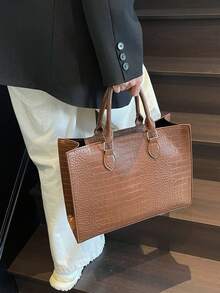 Bolso de mano de gran capacidad con textura de cocodrilo a la moda, adecuado para uso diario, de negocios, viaje, vacaciones, exteriores, hogar, dormitorio, compras para cualquier género y estudiantes - Café integral - Ver 3