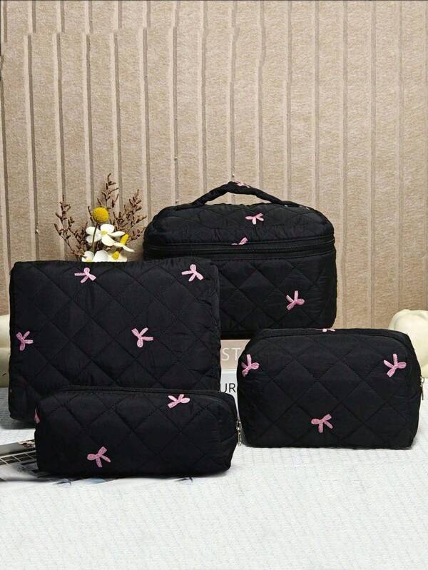 1pc New Embroidered Bow Makeup Bag, High-Appearance, Fresh, Minimalist Daily, Versatile, Quilted Plaid Embroidery Bow Pattern Women Cosmetic Organizer Bag, Daily Supplies Storage, Student Stationery Pouch, Baby Items Organizer, Suitable For Shopping, Business Trip, Portable